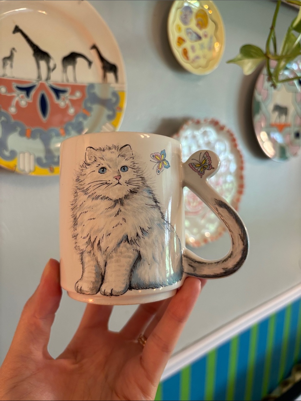 Vintage Cat Butterfly Ceramic Coffee Mug Tail Handle Japan